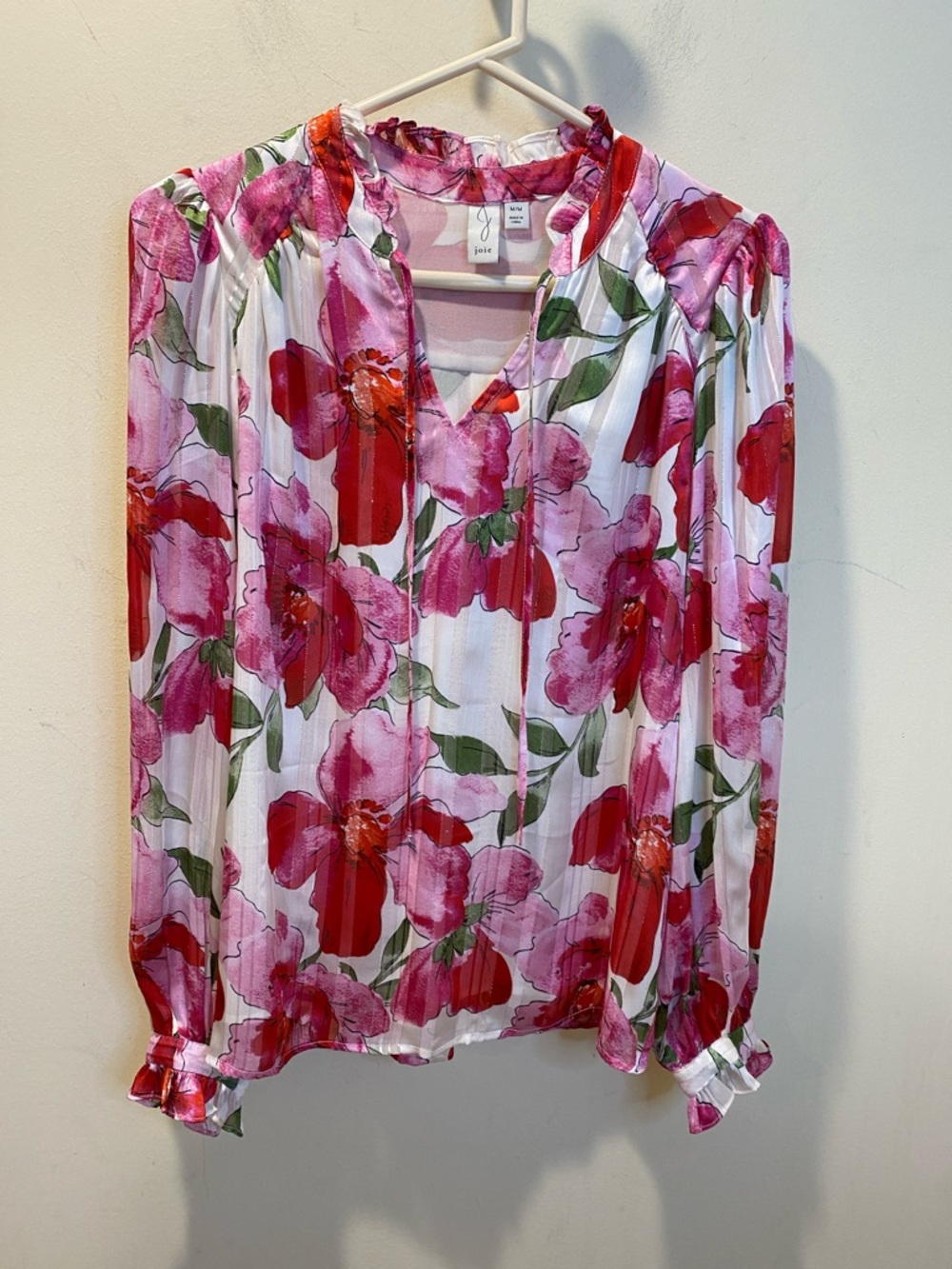 Joie White Blouse with Pink & Red Floral Print Sz M - Picture 3 of 11
